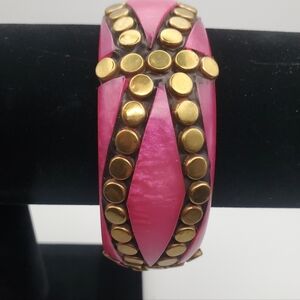RARE* Hot Pink Translucent Resin Chunky Bangle Bracelet Round Gold Brass Studs
